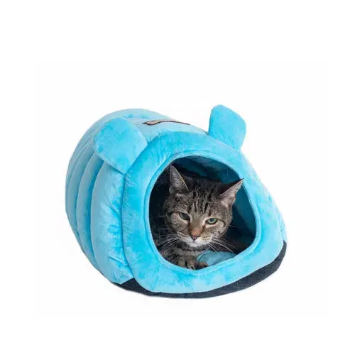 Tabby cat resting inside a blue tube-shaped cat bed