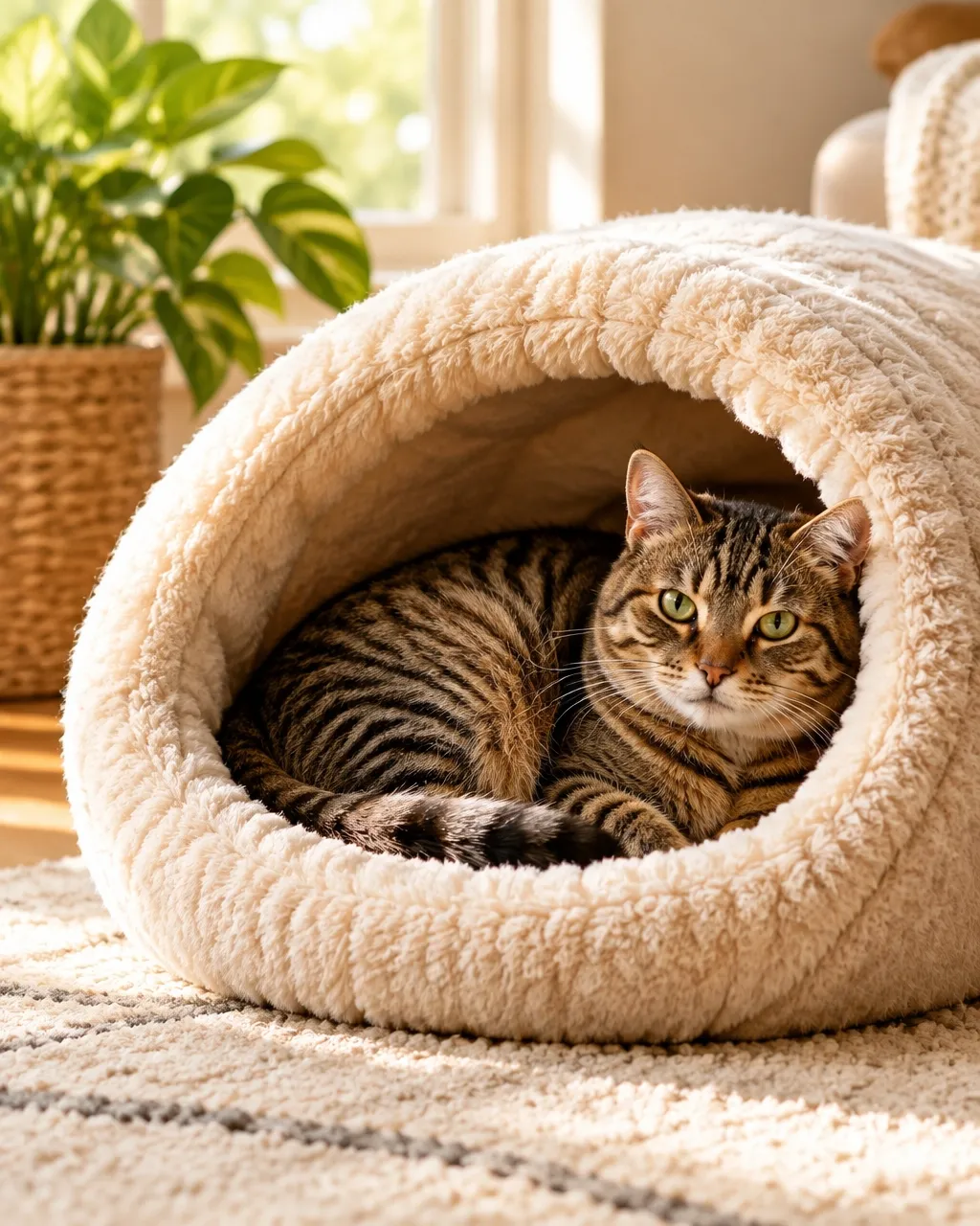 A tabby cat curled up inside a soft cream tube bed