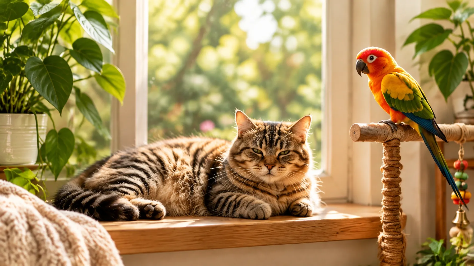 A tabby cat relaxing by the window beside a colourful parrot